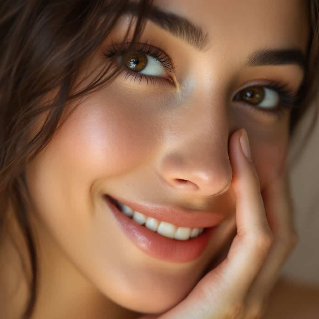 Mujer joven sonriendo mientras se toca la nariz tras una rinoplastia en Coruña